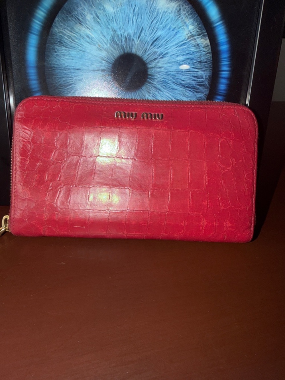 Miu Miu Red Croc-Embossed Zip-Around Wallet